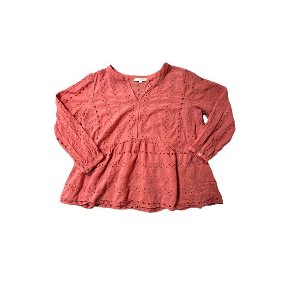 LOFT Plus Size 18 Coral Eyelet Embroidered Peplum Blouse Long Sleeve Boho Top - Picture 1 of 7